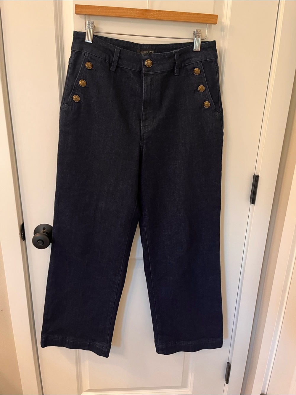 High-Rise Navy Wide-Leg Women’s Jeans with Decorative Buttons